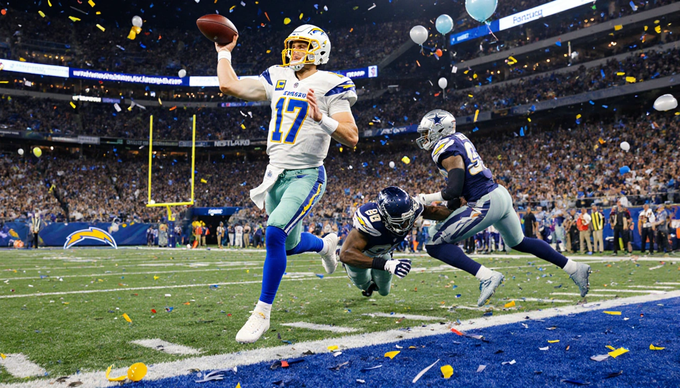 Justin Herbert tossing a touchdown pass with blue and yellow Chargers turf and confetti celebrating a football victory