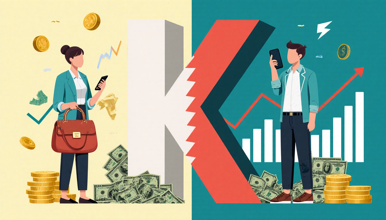 Affluent person standing beside a poor figure with designer handbag and rising stock charts above illustrating wealth gap