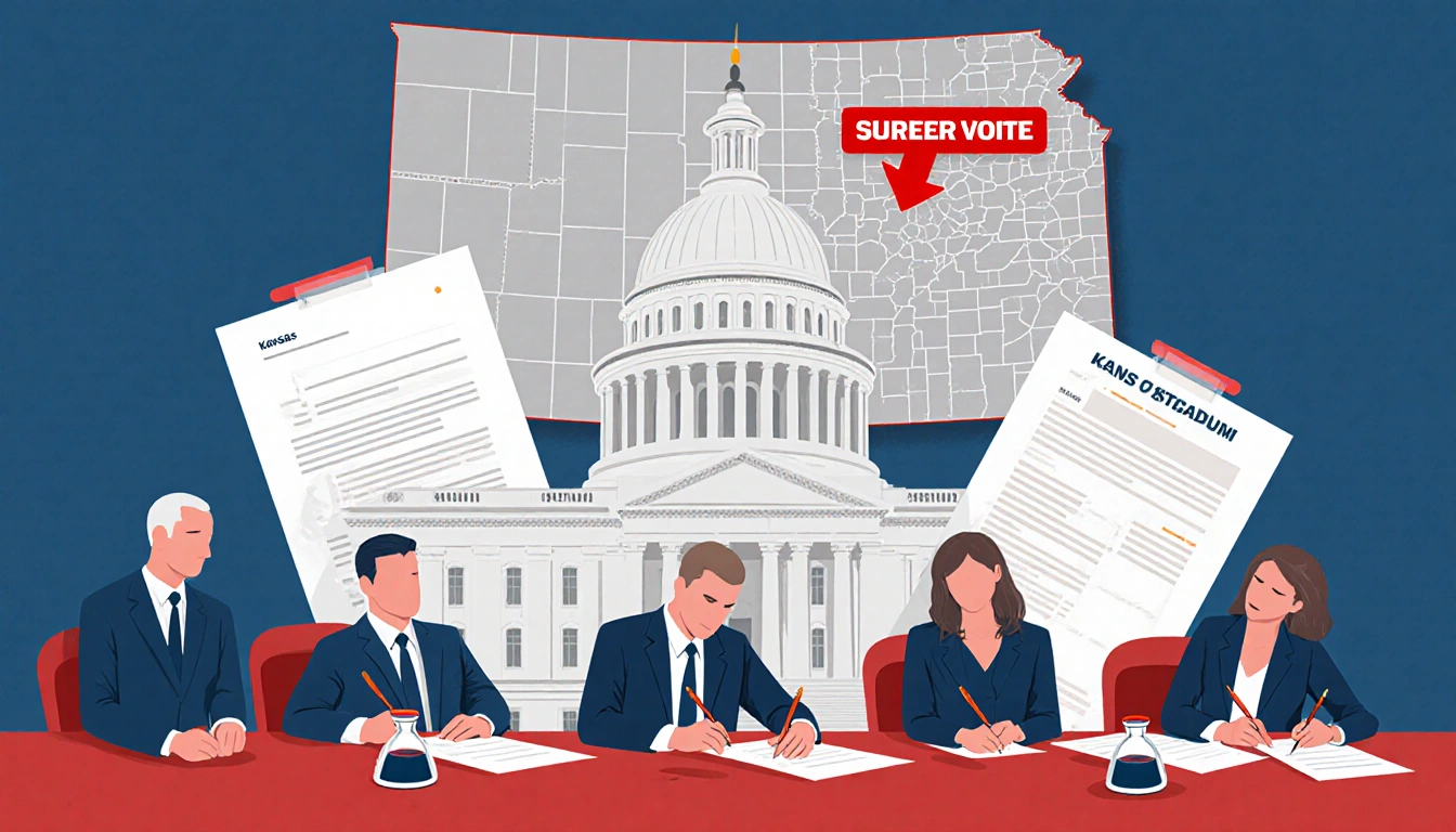 Lawmakers voting on a bill with a Kansas Capitol and a map highlighting Chiefs stadium relocation showing ballots and pens