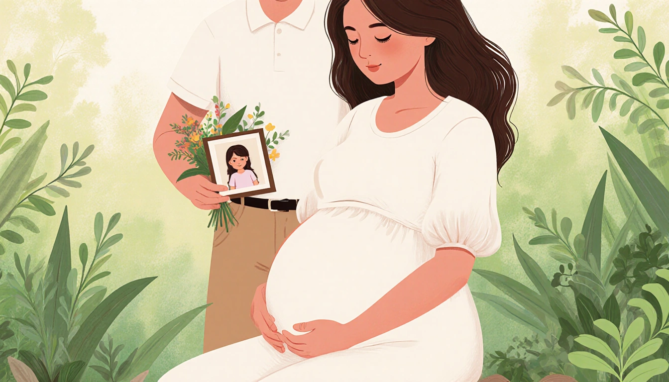 Karoline Leavitt sits cradling her baby bump with warm light and her supportive husband holding flowers in a lush garden.