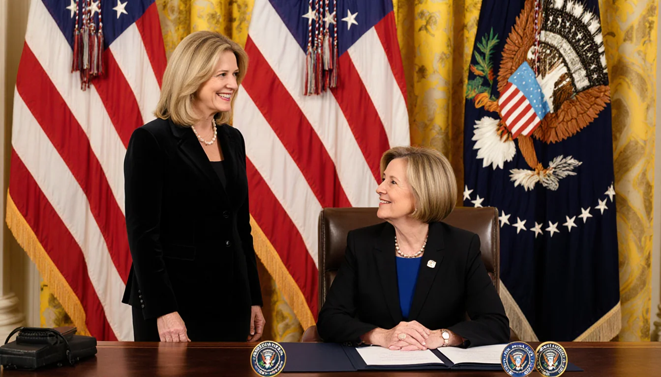 Karoline Leavitt praises Susie Wiles with a smile while standing before flag backdrop near a table with House documents.
