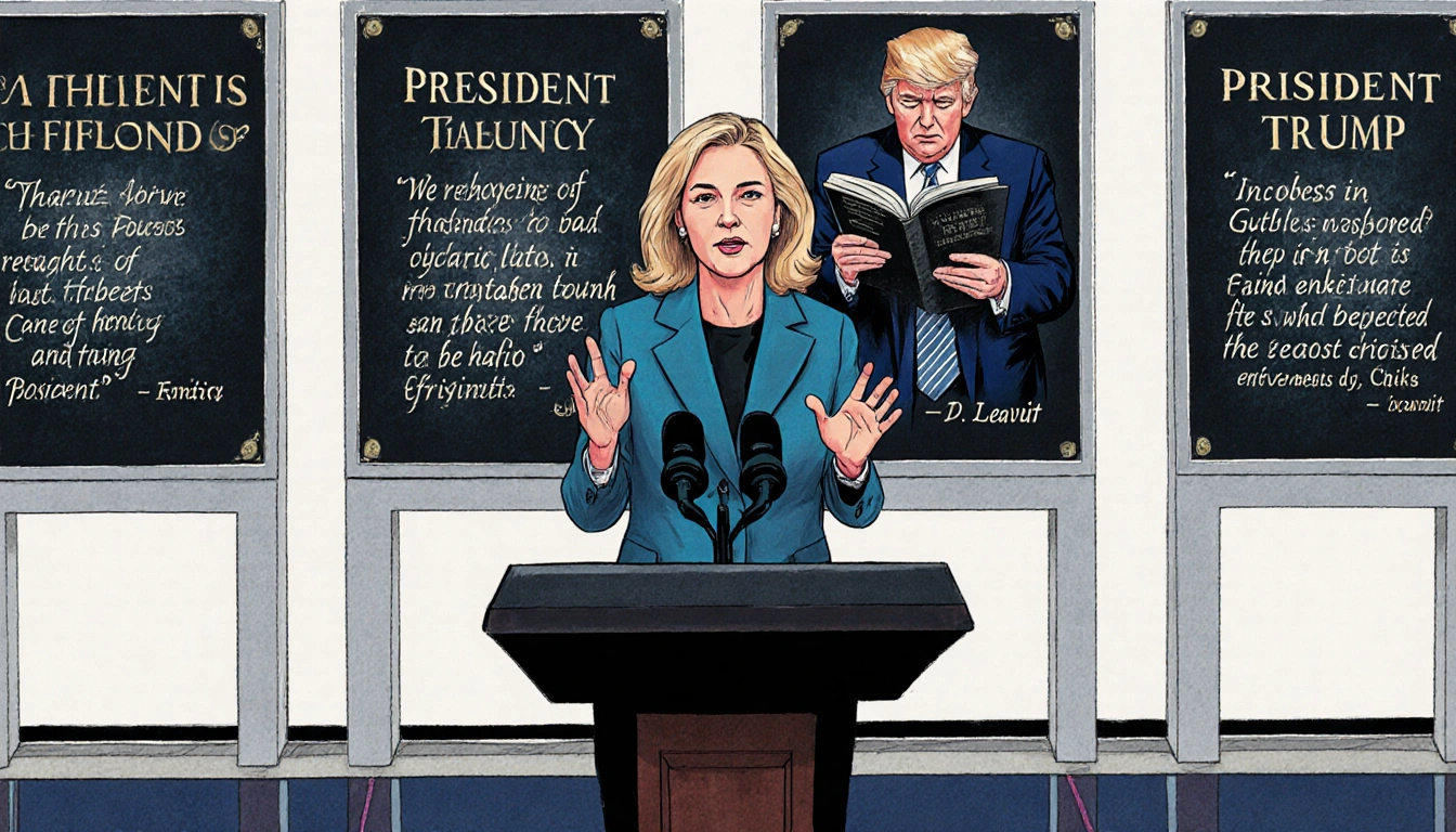 Karoline Leavitt gives a political speech gesturing before plaques of presidential quotes with Trump reading in White House.