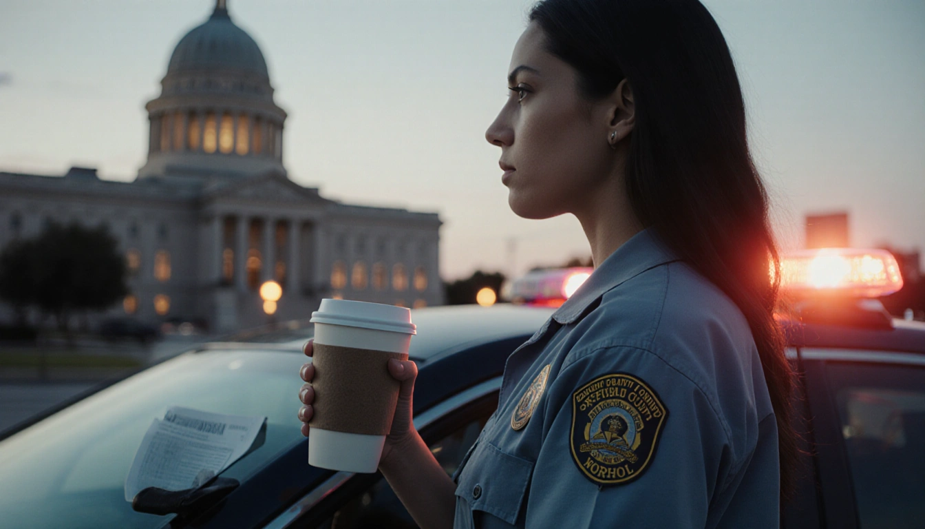 Kata Hay standing before a flashing police car with a cracked coffee cup and court file on the dashboard