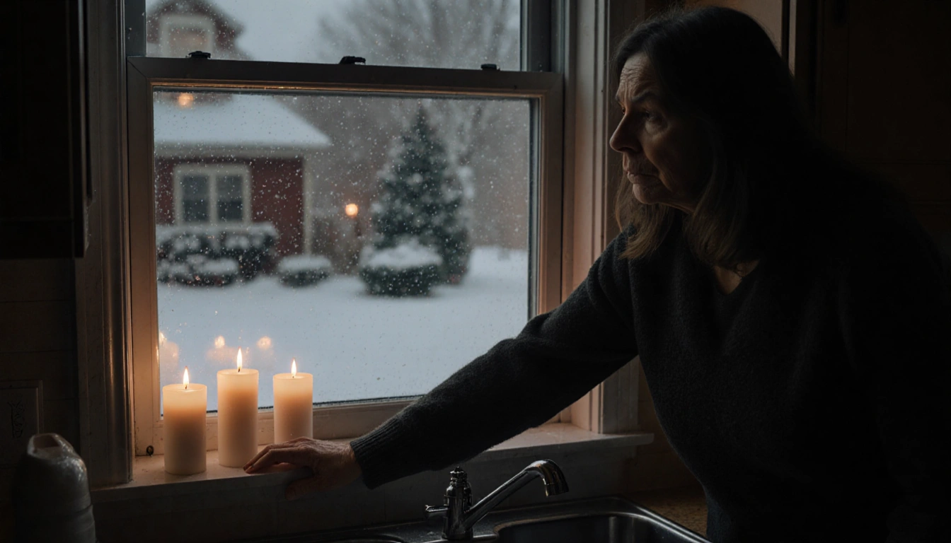 Kathern Limmer holds onto the sink with shocked face and candles glow on the kitchen window reflecting snow during Christmas.