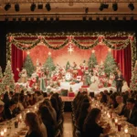 Guests gather around festive tables with holiday lights and golden glow celebrating community.