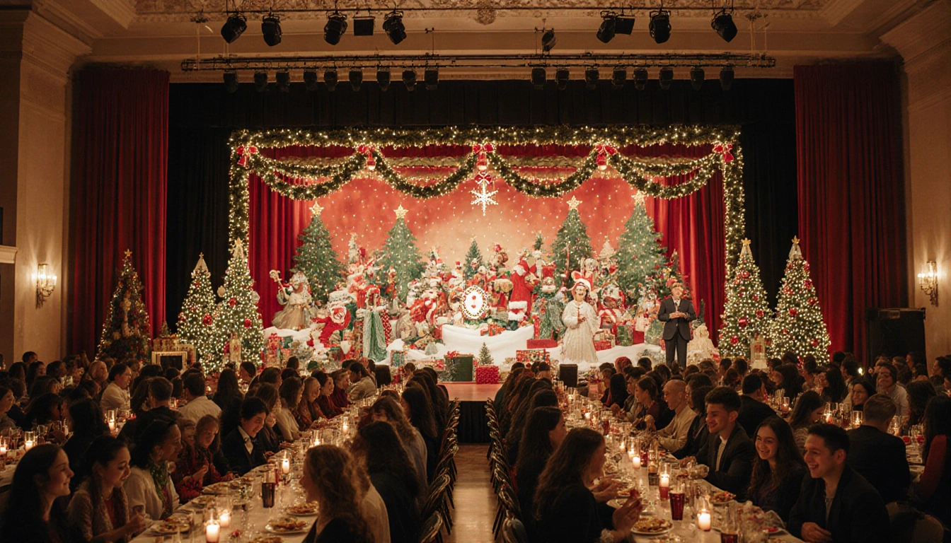 Guests gather around festive tables with holiday lights and golden glow celebrating community.