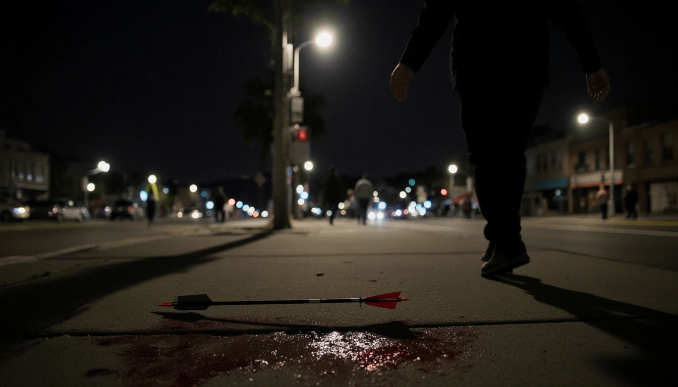 Silhouette walking away with arms outstretched and blood-stained arrow on midnight sidewalk