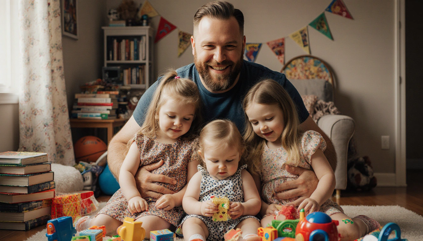 Jason Kelce smiles while holding four daughters with toys books and sports gear in a warm family portrait