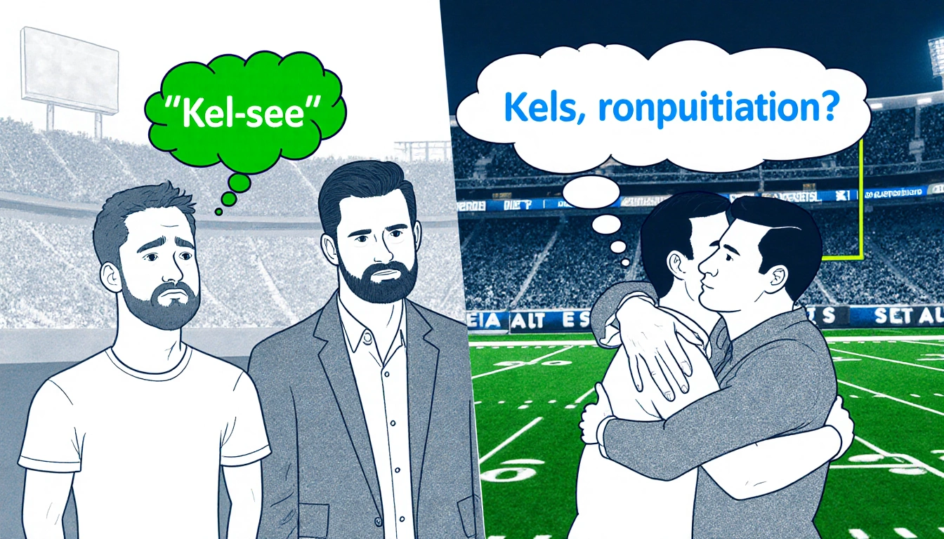 Jason and Travis Kelce arguing with father Ed Kelce over pronunciation with green speech bubbles on a football field backgrou