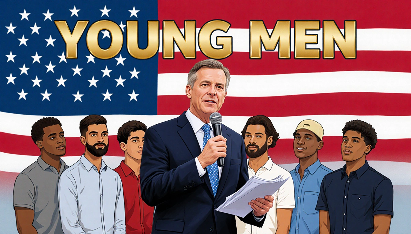 Ken Martin speaking confidently with microphone and election papers before a flag backdrop and diverse young men.