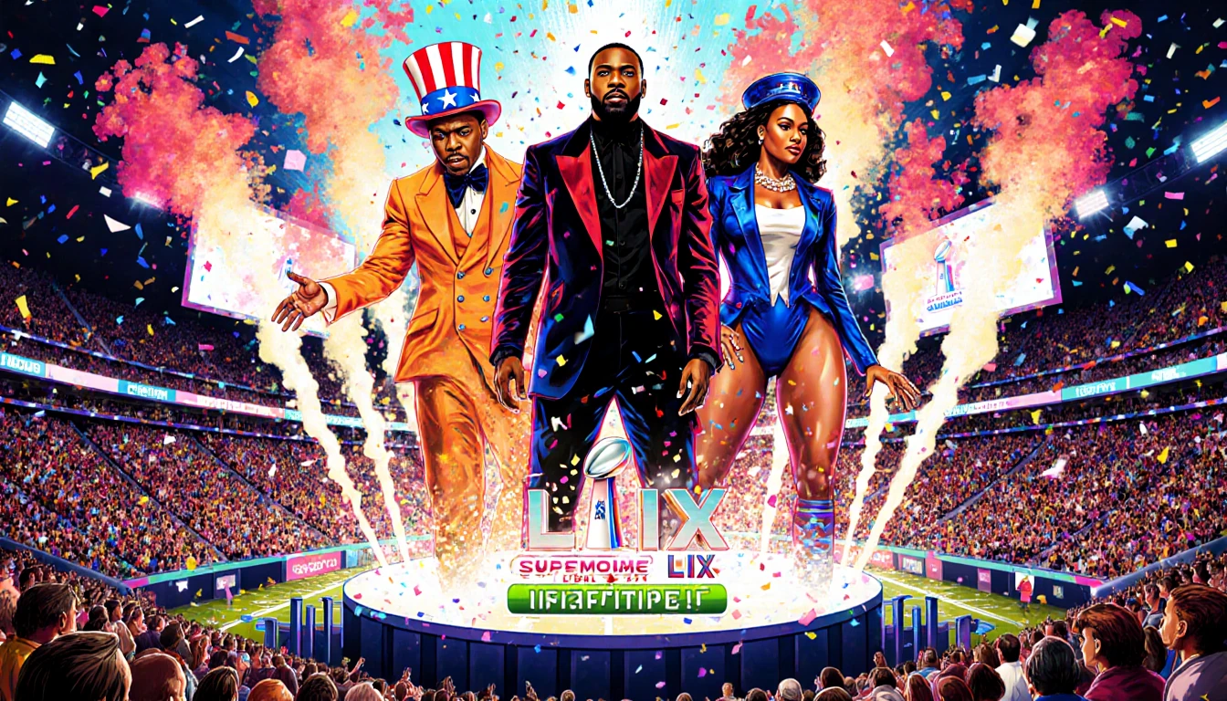 Kendrick Lamar performing on stage during Super Bowl halftime with SZA and DJ Mustard surrounded by pyrotechnics and confetti