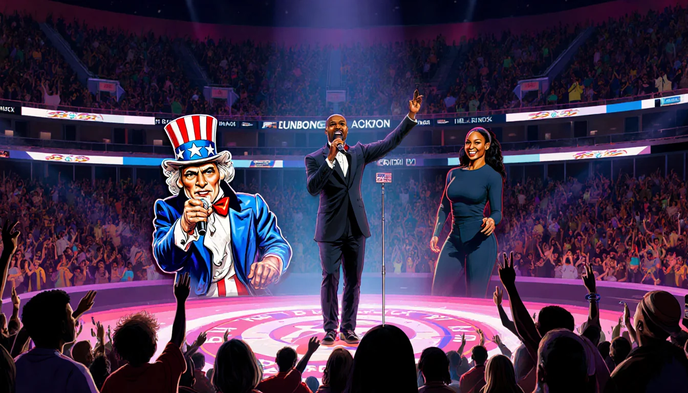 Kendrick Lamar performing with mic center stage with SZA and Serena Williams cameo and neon-lit crowd cheering