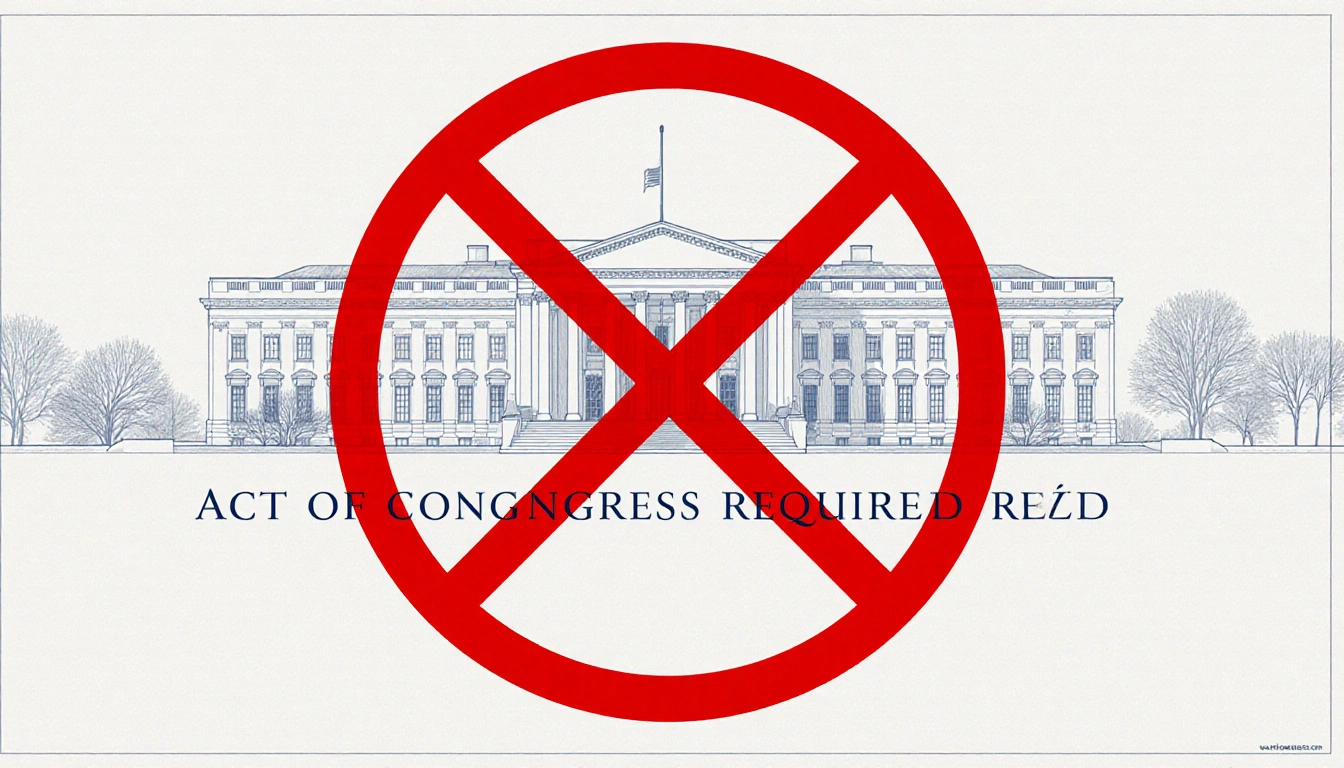 Blueprint shows red X over Kennedy Center name with building in background and formal text Act of Congress Required