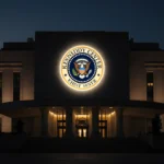 Kennedy Center facade glows at dusk with White House seal and halo lights echoing lost jazz heritage