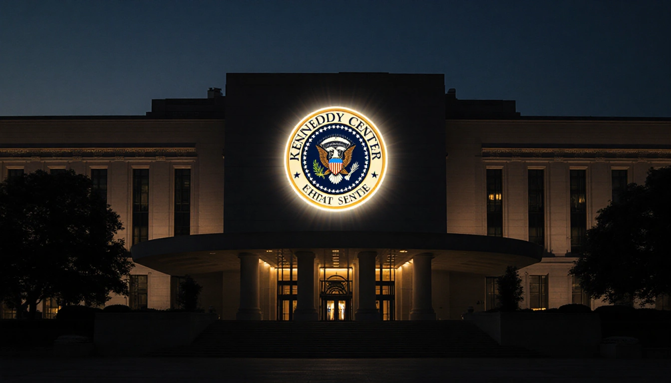 Kennedy Center facade glows at dusk with White House seal and halo lights echoing lost jazz heritage