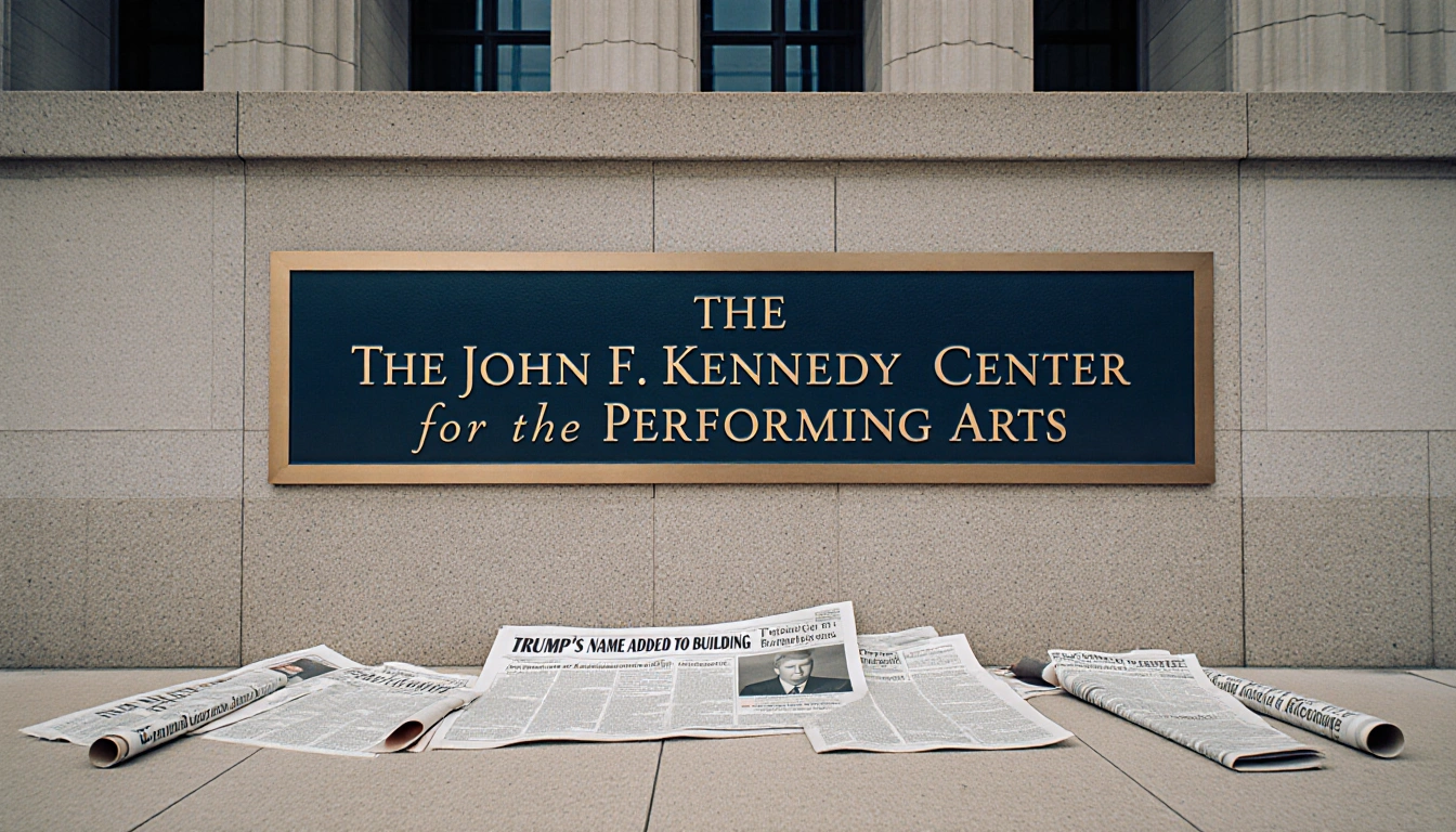 Kennedy Center building displays banner in white on dark blue and newspapers showing rename controversy.