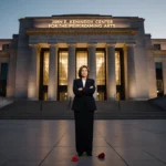 Rep. Joyce Beatty stands defiantly with a single rose petal on the steps and the Kennedy Center facade glowing at dusk.