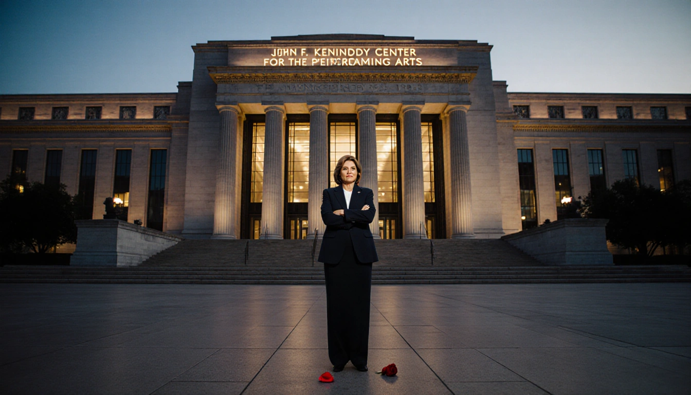 Rep. Joyce Beatty stands defiantly with a single rose petal on the steps and the Kennedy Center facade glowing at dusk.