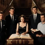 Kennedy family members gather around a leather-bound book with ornate grand staircase backdrop