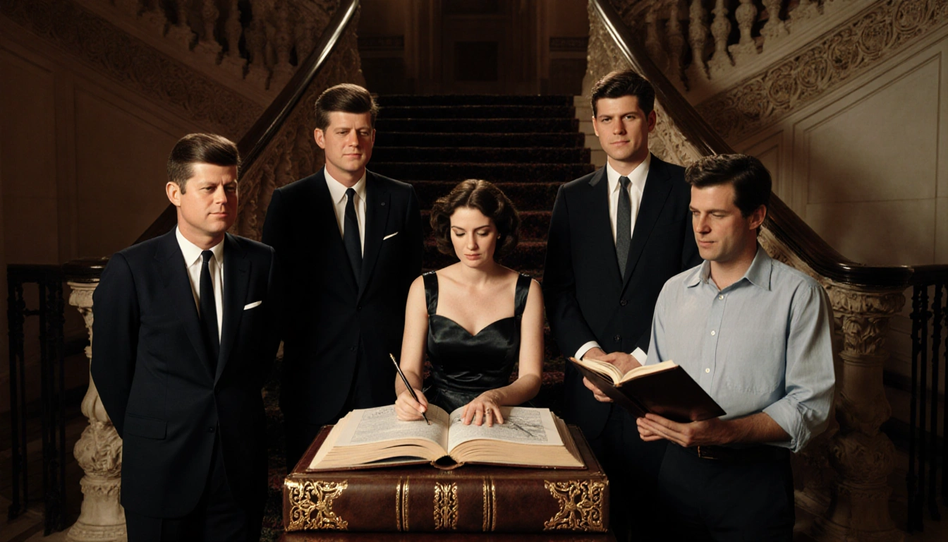 Kennedy family members gather around a leather-bound book with ornate grand staircase backdrop