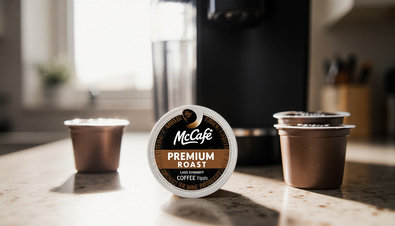 Keurig coffee machine showing a spotlighted McCafe Premium Roast pod with warm sunlight and a few surrounding K‑Cups.