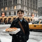 Kevin McCallister grinning with a pizza box in an NYC street corner beside the Plaza Hotel and a taxi cab while snowflakes fa