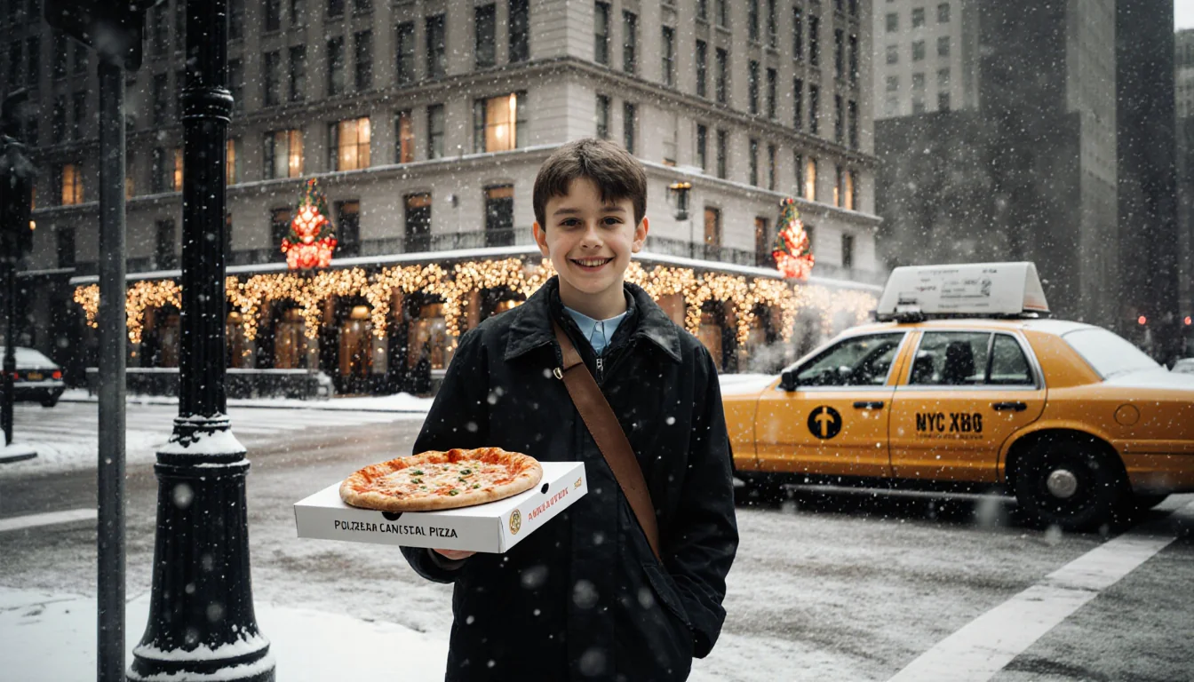 Kevin McCallister grinning with a pizza box in an NYC street corner beside the Plaza Hotel and a taxi cab while snowflakes fa