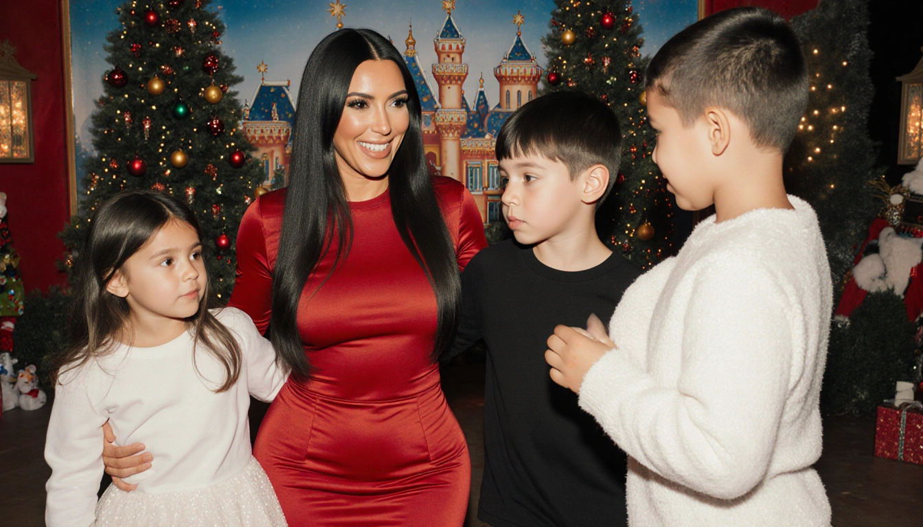 Kim Kardashian smiles while holding a photo with four children in a festive holiday setting