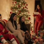 Kim Kardashian sits on couch with her kids playing around a Christmas tree and Khloe holding a Disneyland ticket in doorway
