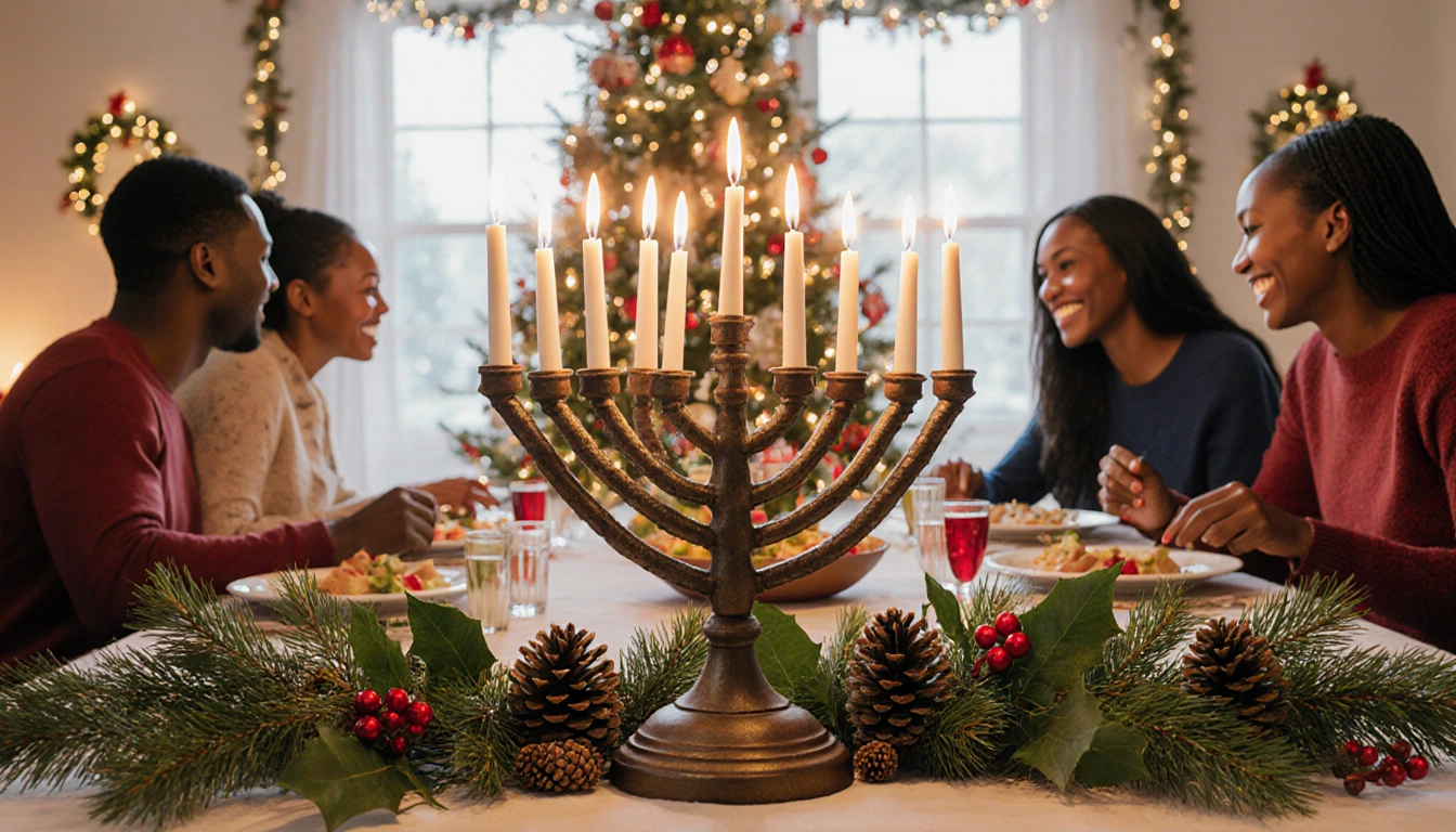 Kinara with seven candles shines with family gathered around table and evergreen branches in winter background