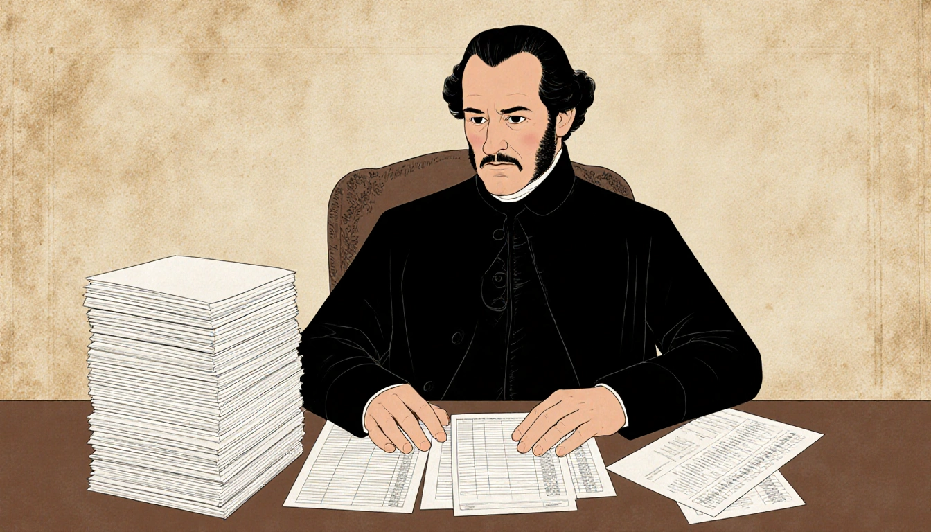 King Charles III reviewing engagement records at desk with determined expression and paper stack.