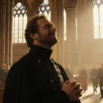 King Charles III standing at Westminster Abbey altar with golden stained glass light and diverse pilgrims gathering.