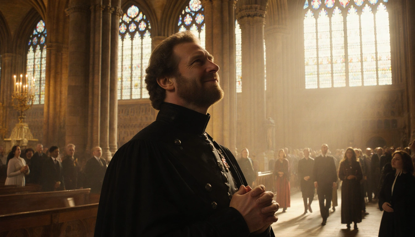 King Charles III standing at Westminster Abbey altar with golden stained glass light and diverse pilgrims gathering.