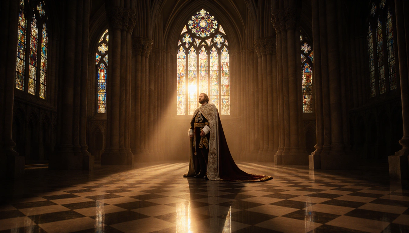 King Charles III standing alone in Abbey