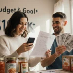 Couple smiling while holding coupons and a phone with a meal plan in a bright Aldi kitchen.