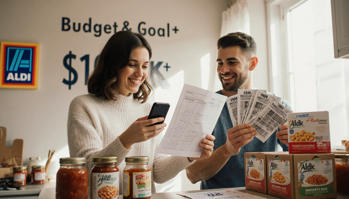 Couple smiling while holding coupons and a phone with a meal plan in a bright Aldi kitchen.