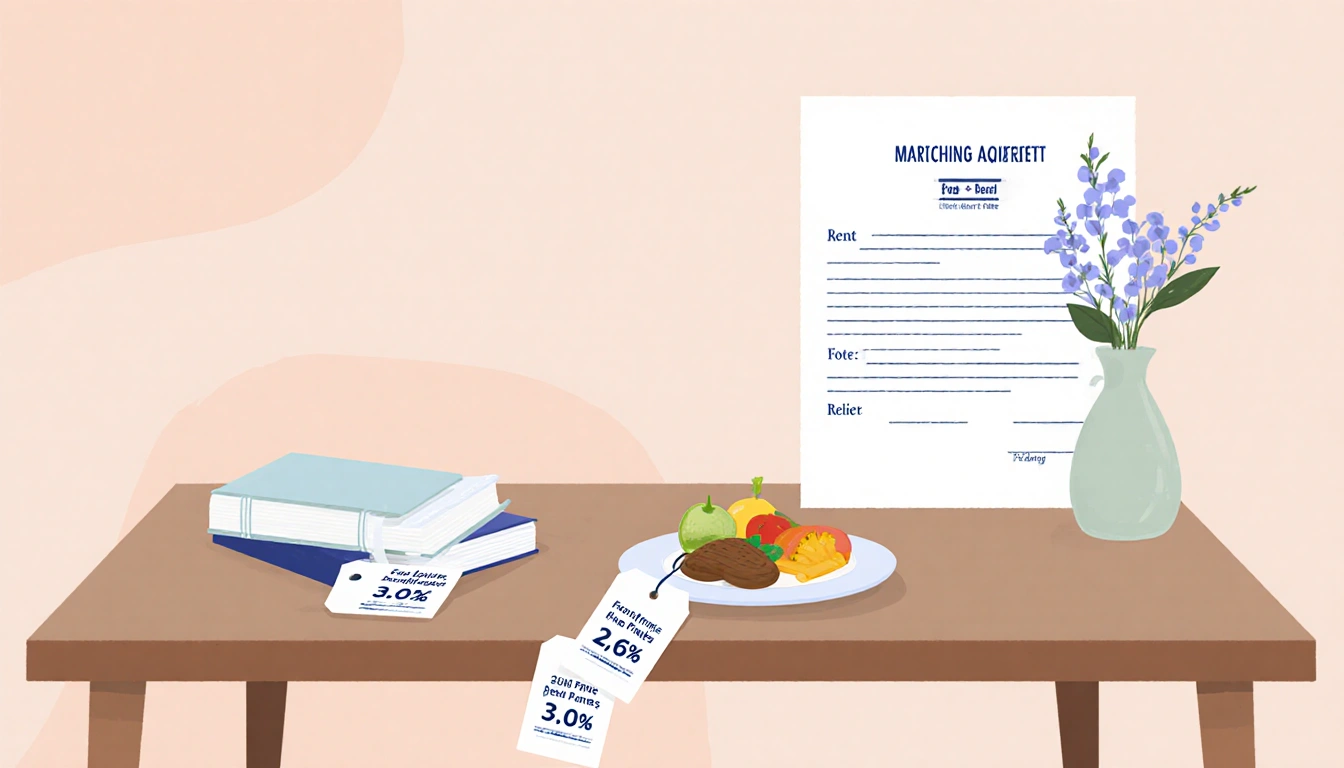 Kitchen table holds a plate of food a book and a vase with price tags show 2.6% food price drop and rent reduced to 3.0%