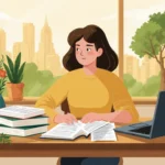 Person sits at kitchen table with laptop and open books with potted plants and golden light city skyline in background