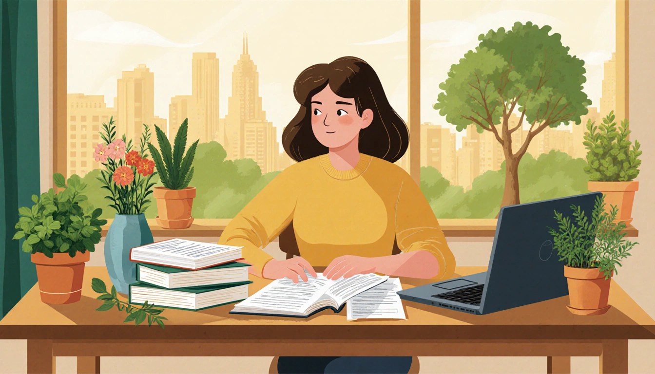 Person sits at kitchen table with laptop and open books with potted plants and golden light city skyline in background