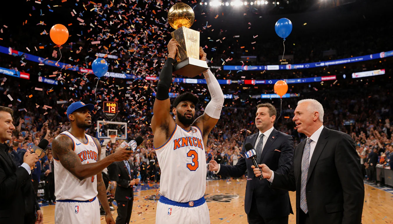 Knicks center lifts NBA championship trophy with confetti swirling and coach Fizdale applauding behind him