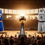 NBA Cup trophy stands on a pedestal in center of court with Knicks and Spurs jerseys glowing under sunset