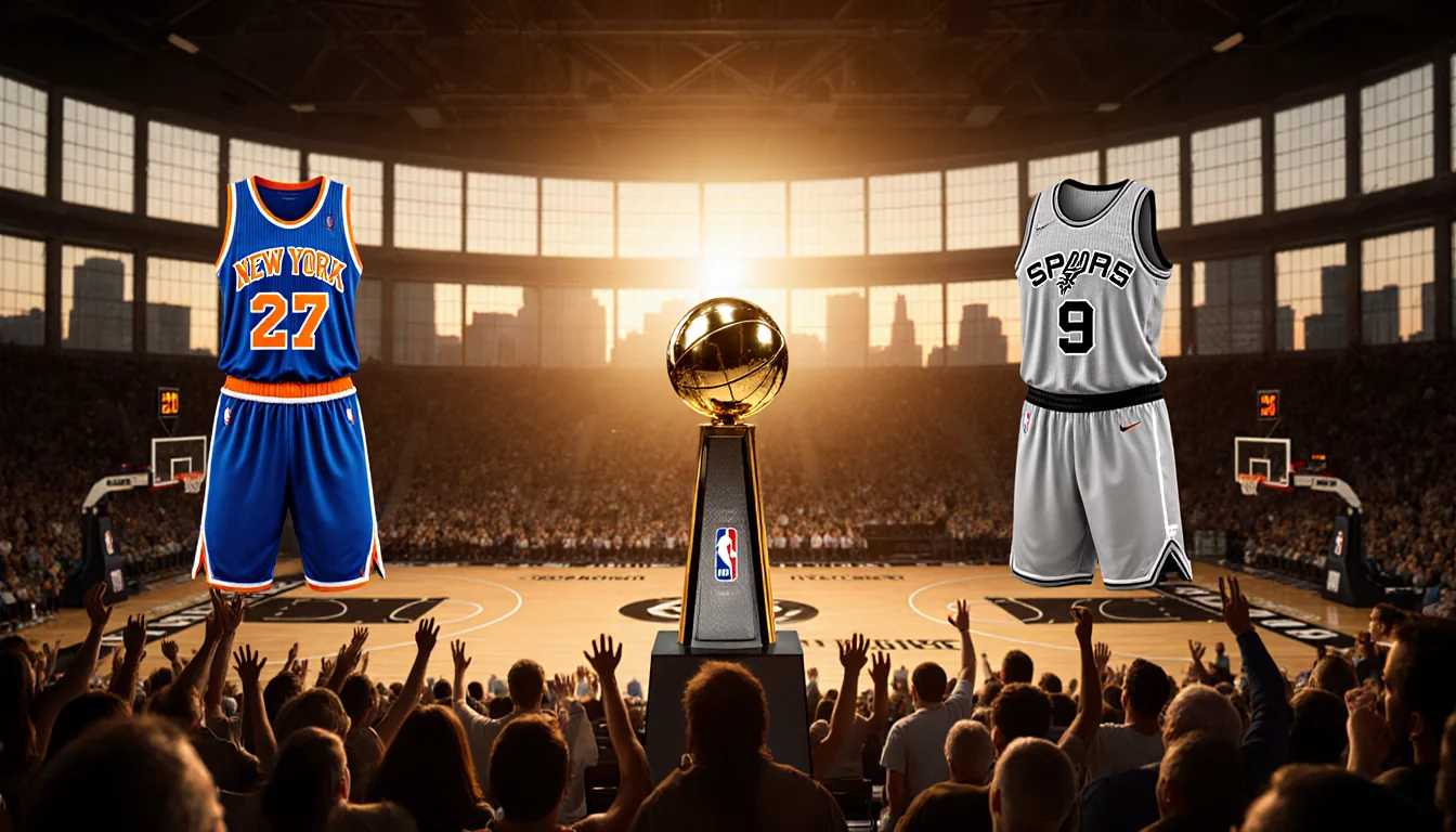 NBA Cup trophy stands on a pedestal in center of court with Knicks and Spurs jerseys glowing under sunset