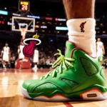 Kobe Bryant stepping onto the court with green sneakers and holiday lights and Heat logo in background.