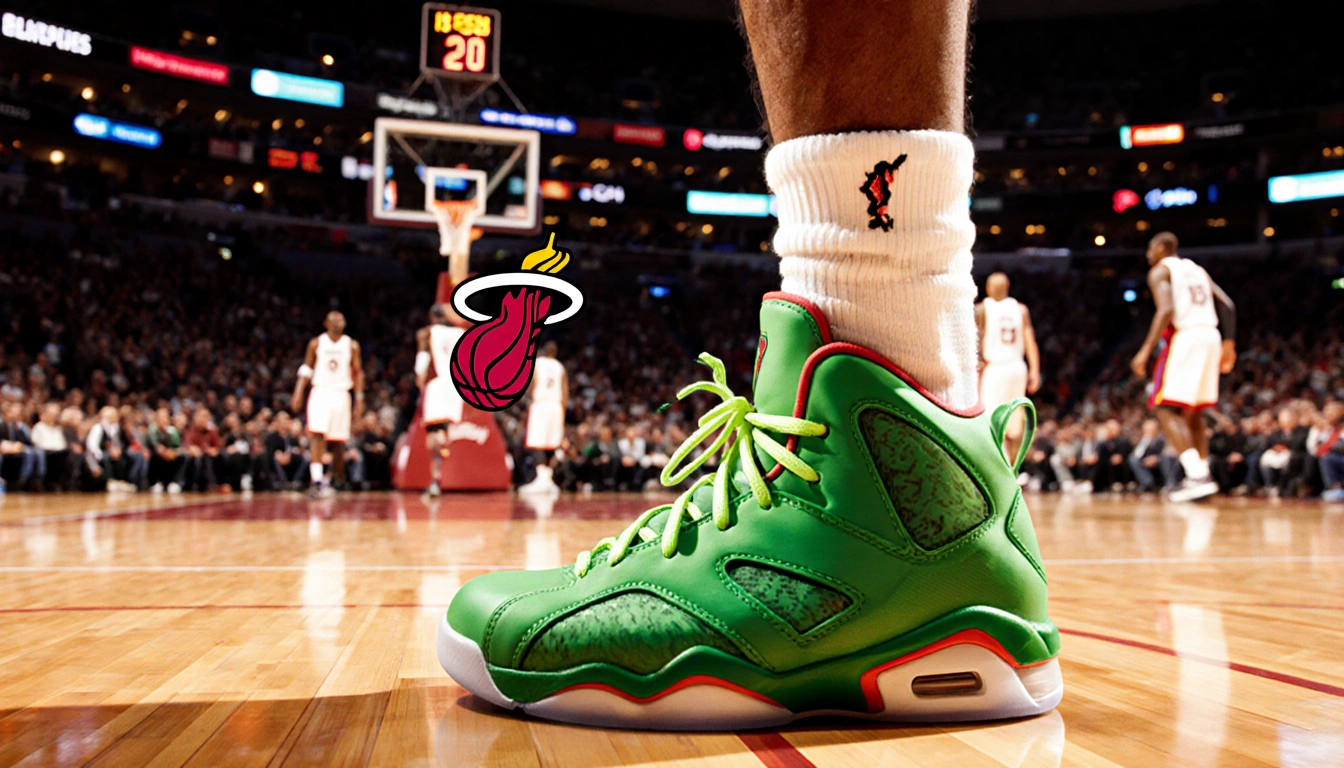 Kobe Bryant stepping onto the court with green sneakers and holiday lights and Heat logo in background.