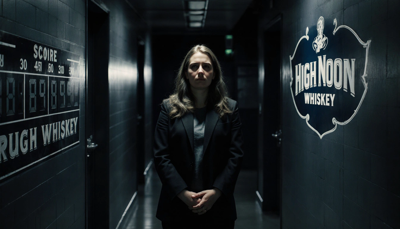 Kristin Cabot standing alone in dim corridor with faint High Noon whiskey sign and stadium concourse reflection.