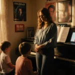 Kristin Cabot standing at piano with two children at her feet and warm golden light spilling from a window