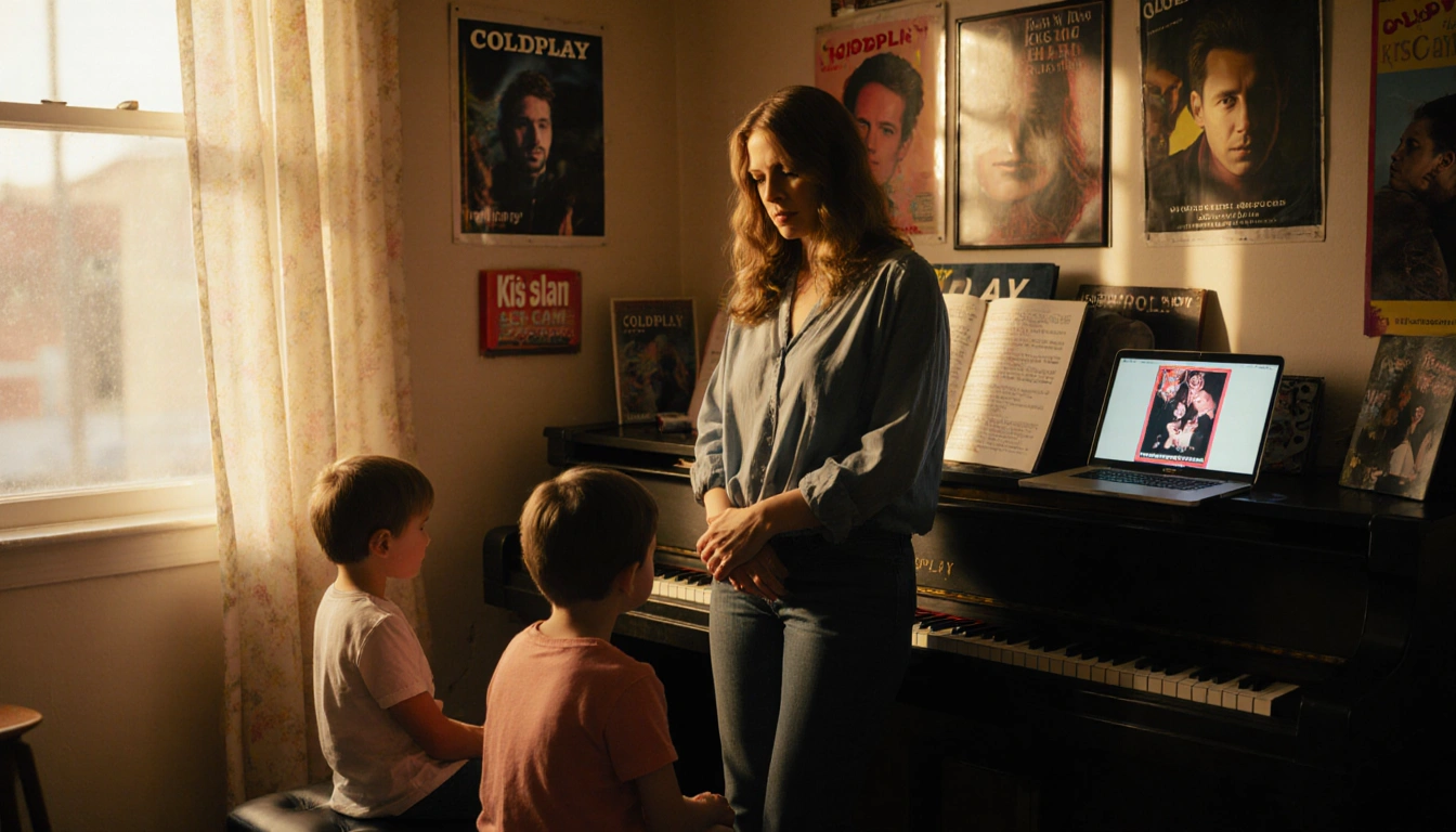 Kristin Cabot standing at piano with two children at her feet and warm golden light spilling from a window