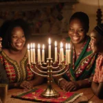 Family member lighting the final candle on the kinara during Kwanzaa with kente cloth draped and bright family smiles.
