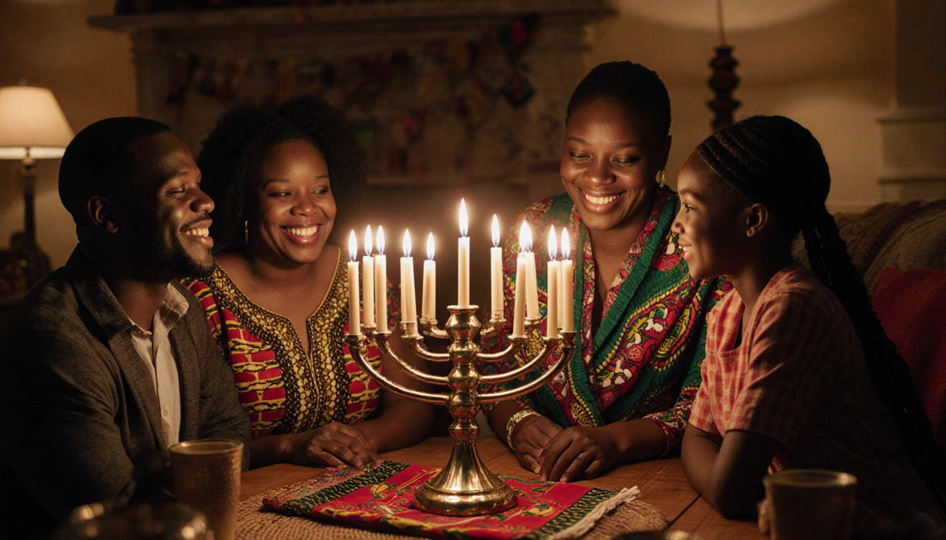 Family member lighting the final candle on the kinara during Kwanzaa with kente cloth draped and bright family smiles.