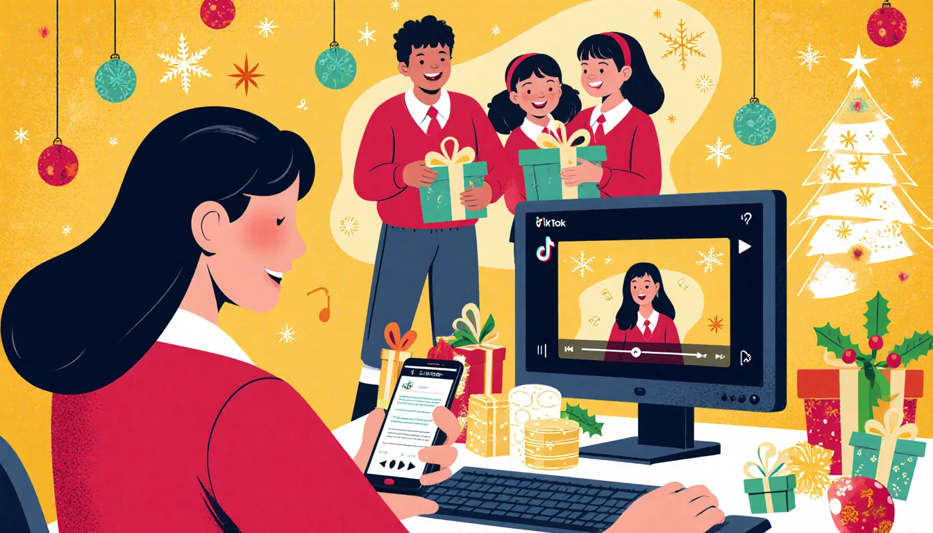 Kyle Murphy livestreams donations on TikTok with festive holiday decorations and smiling children in background